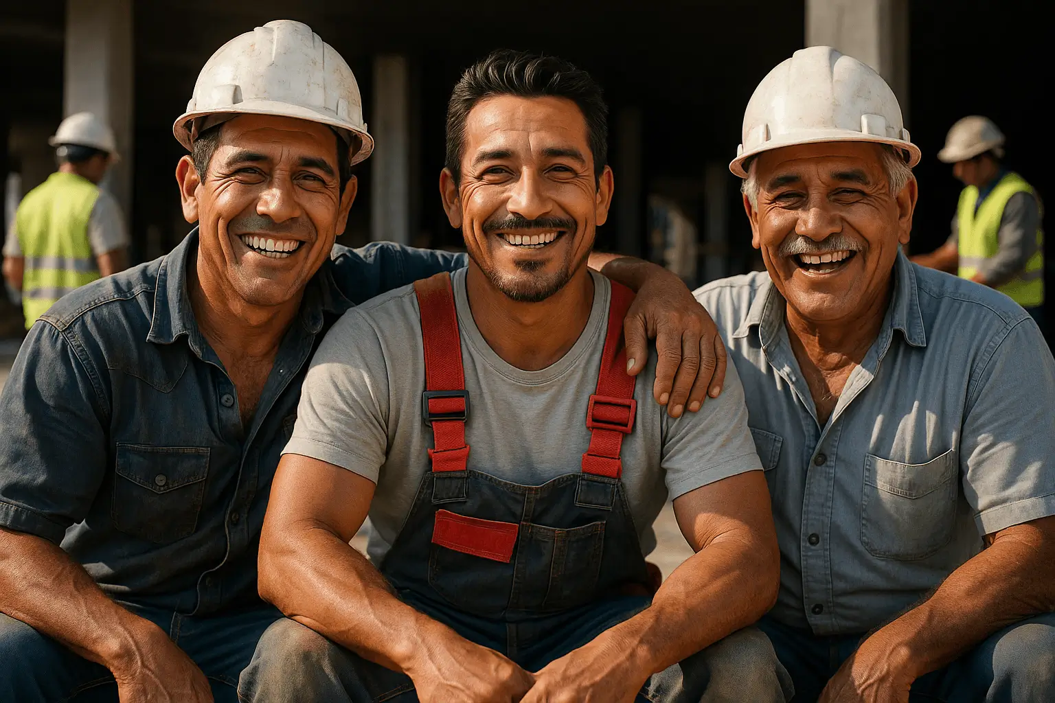 Smiling construction workers wearing safety helmets.